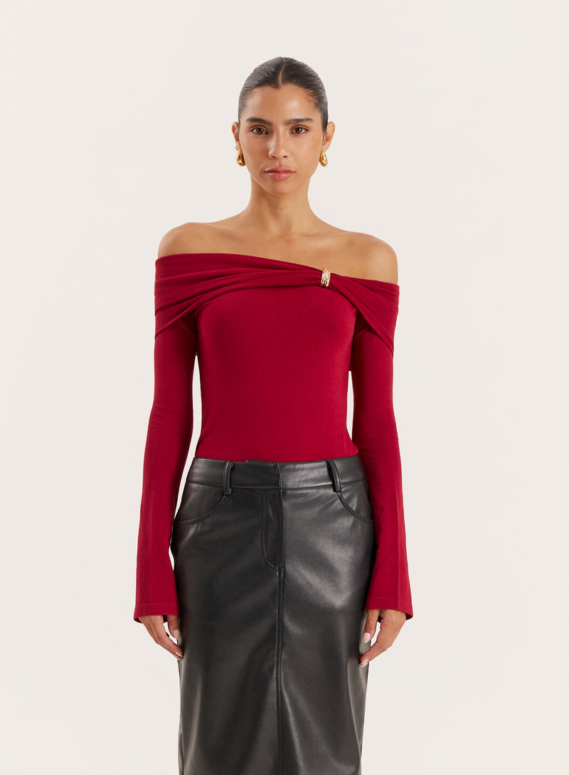 Red Gold Hardware Detail Knitted Long Sleeve Top