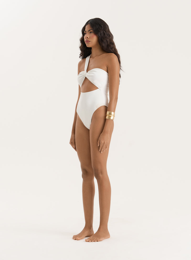 White Twist Front Crinkle Cut Out Swimsuit- Ellison