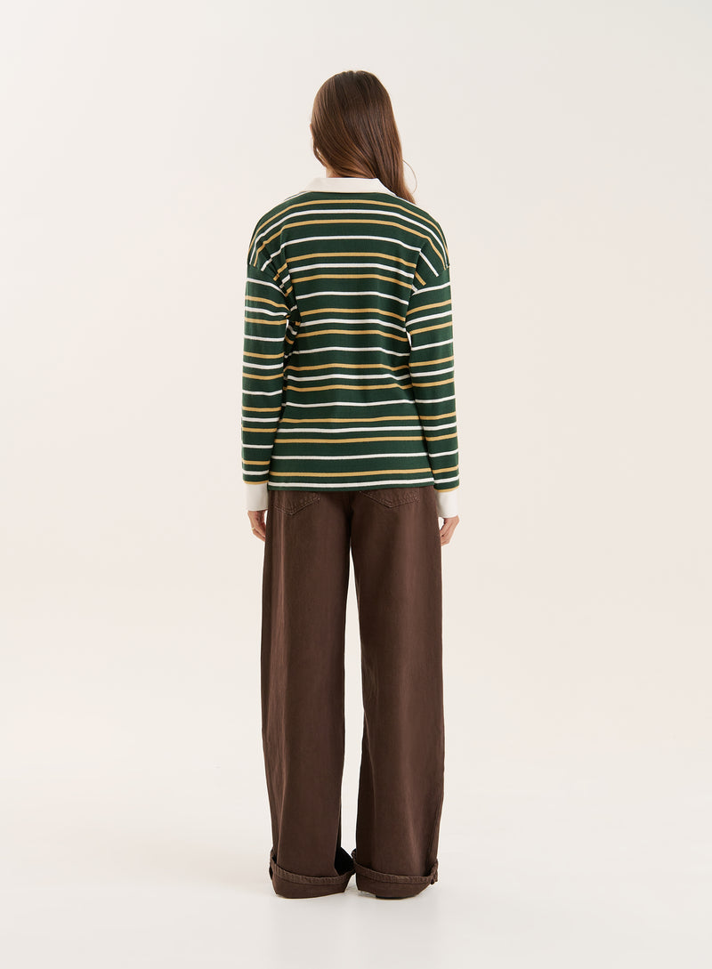 Green Striped Contrast Collar Rugby Top- Chelsea