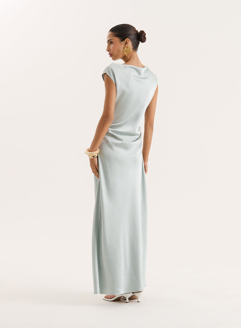 Mint Green Cowl Neck Satin Maxi Dress- Anais