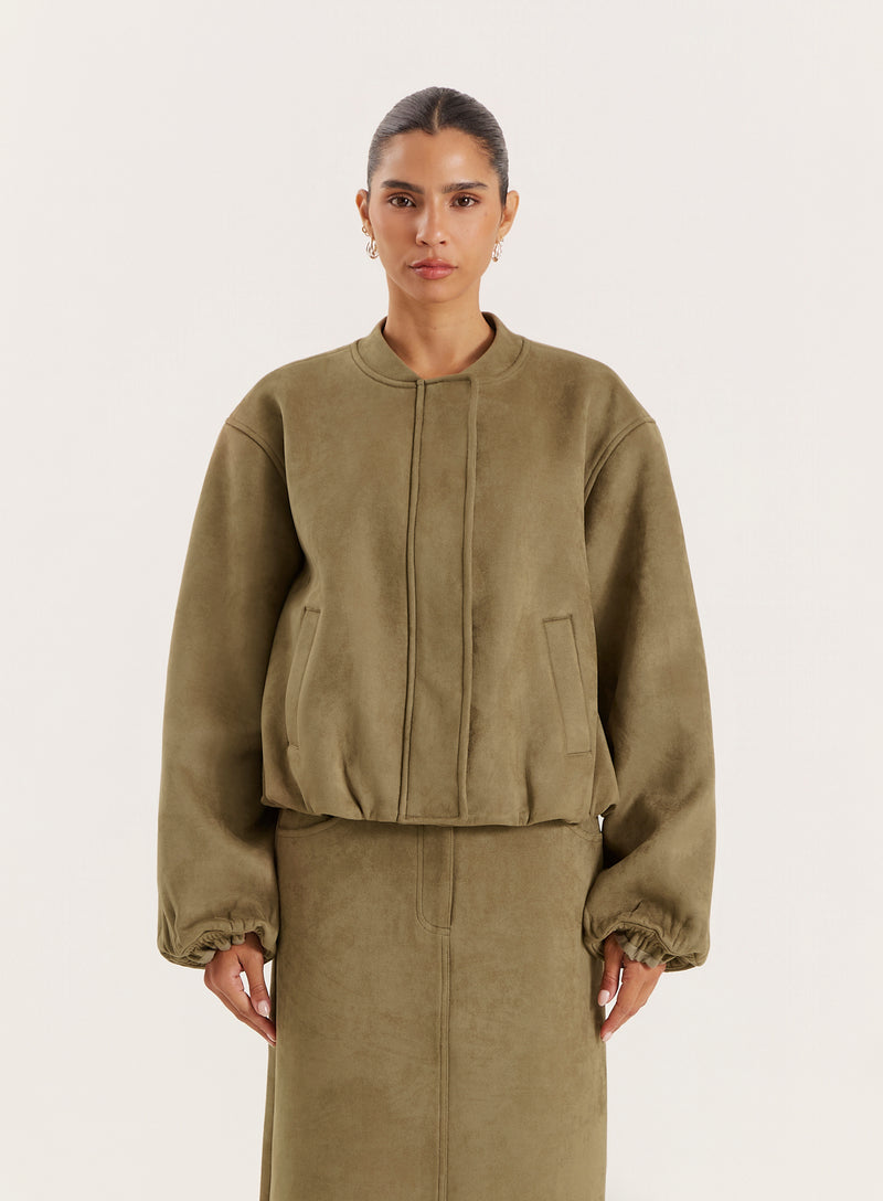 Olive Faux Suede Bomber Jacket