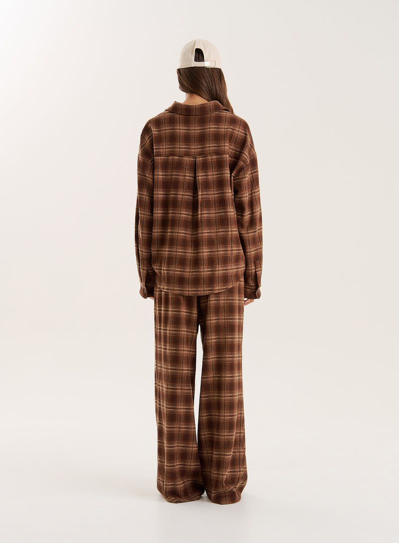 Brown Check Printed Oversized Shirt- Tove