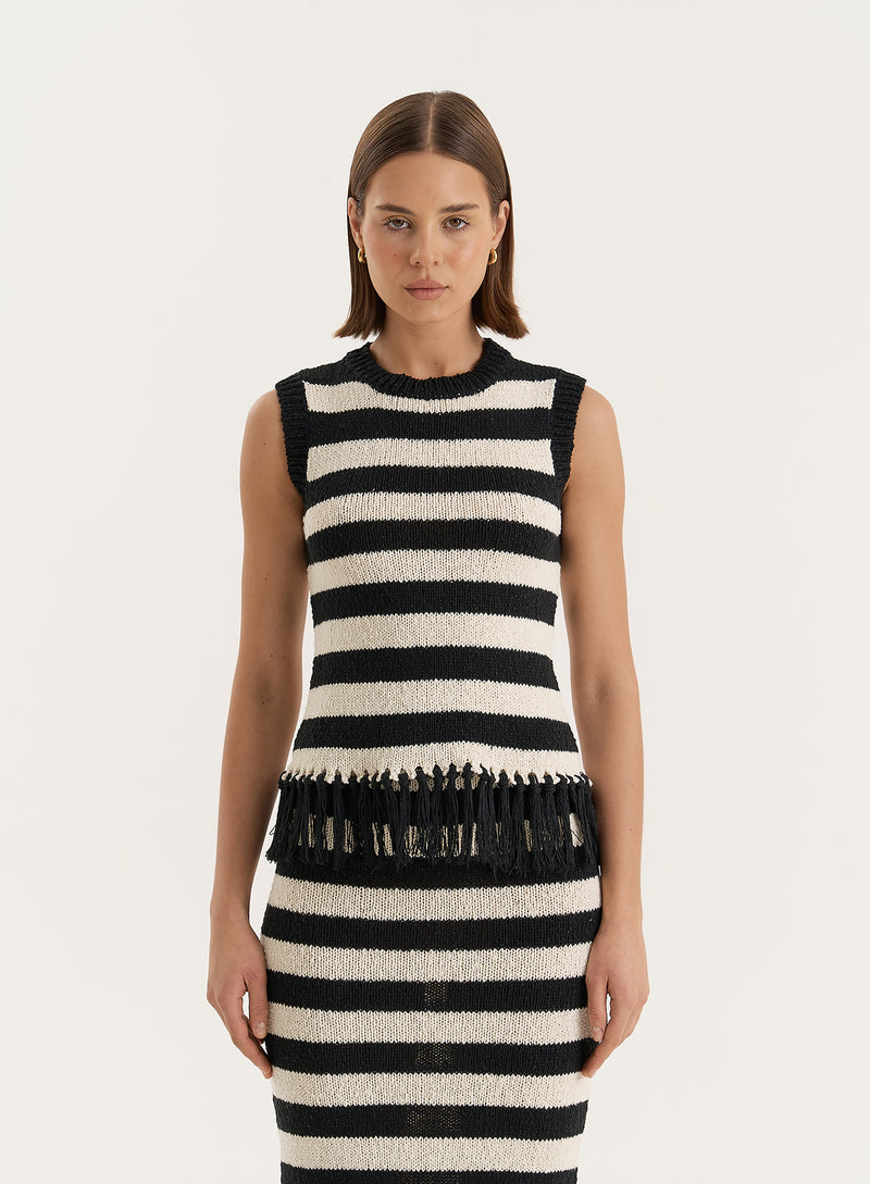 Striped Sleeveless Knitted Tassel Trim Top- Lauryn