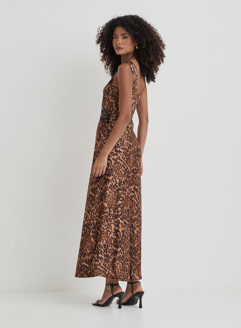 Leopard Print Satin Lace Slip Dress- Kelsey