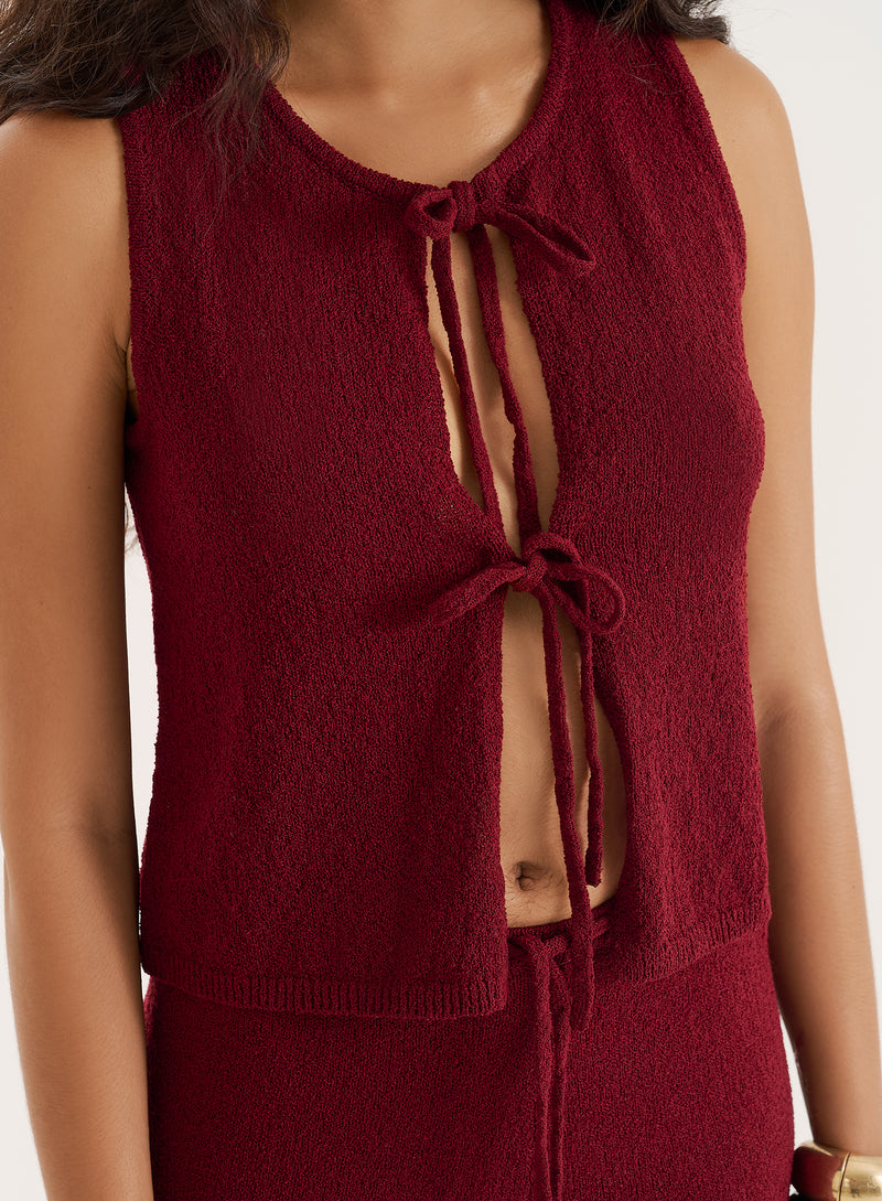 Burgundy Knitted Tie Front Sleeveless Top- Bria