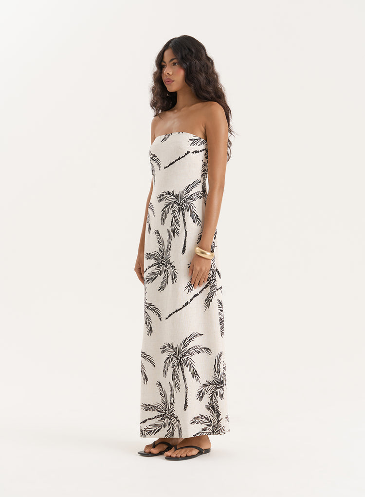 Printed Linen Blend Bandeau Midaxi Dress- Carmel