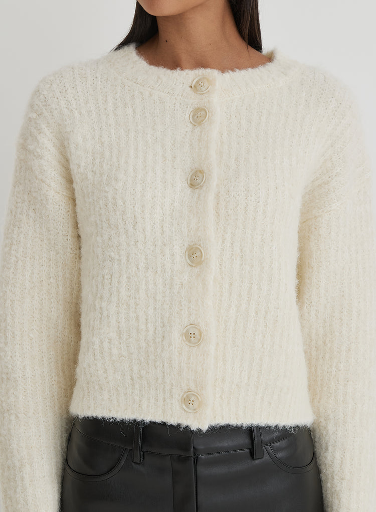 Cream Fluffy Knit Crew Neck Cardigan- Kinsley