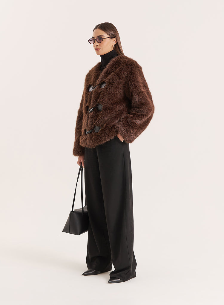 Brown Faux Fur Toggle Fastening Jacket- Jackie