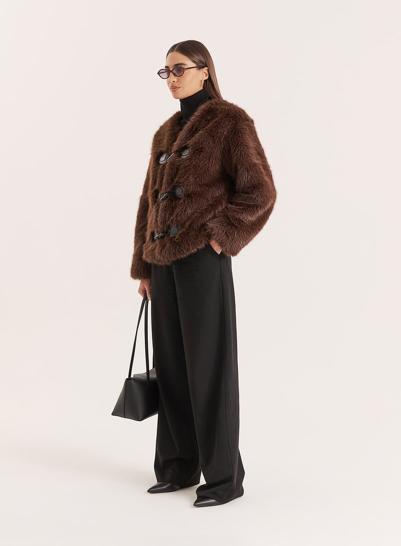Brown Faux Fur Toggle Fastening Jacket- Jackie