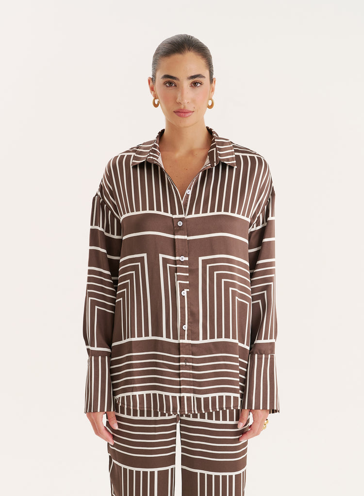 Chocolate Abstract Print Satin Shirt- Amira