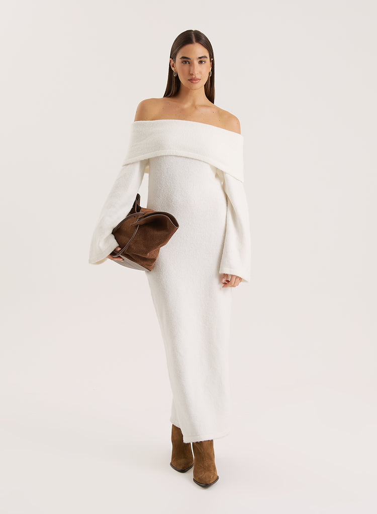 Cream Off Shoulder Knitted Maxi Dress- Sable