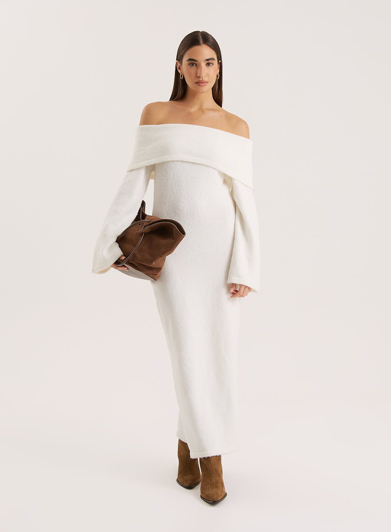 Cream Off Shoulder Knitted Maxi Dress- Sable