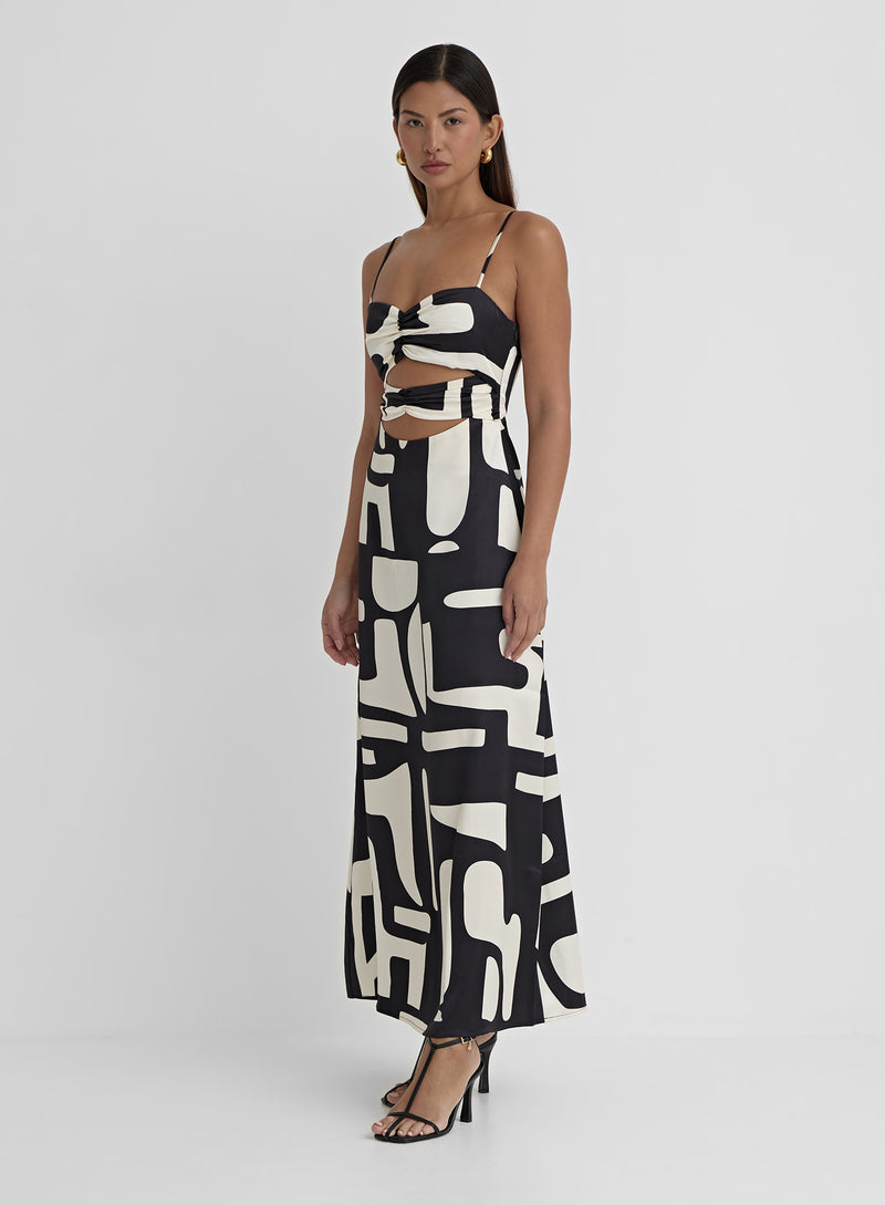 Abstract Print Satin Cut Out Detail Dress- Debora