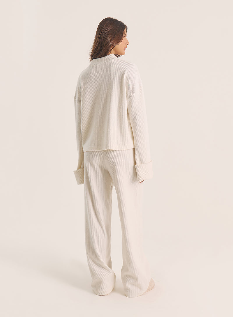 Ecru Foldover Waist Wide Leg Jersey Trousers