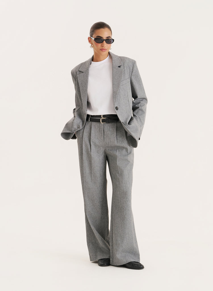 Grey Belted Tailored Wide Leg Trouser