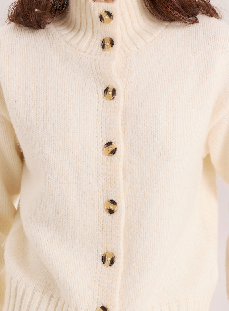 Cream Knitted Ribbed Cuff Button Down Cardigan- Terry