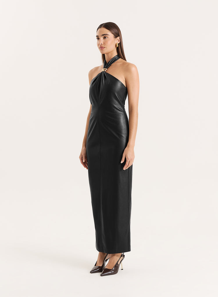 Black Faux Leather Halterneck Maxi Dress- Rhea