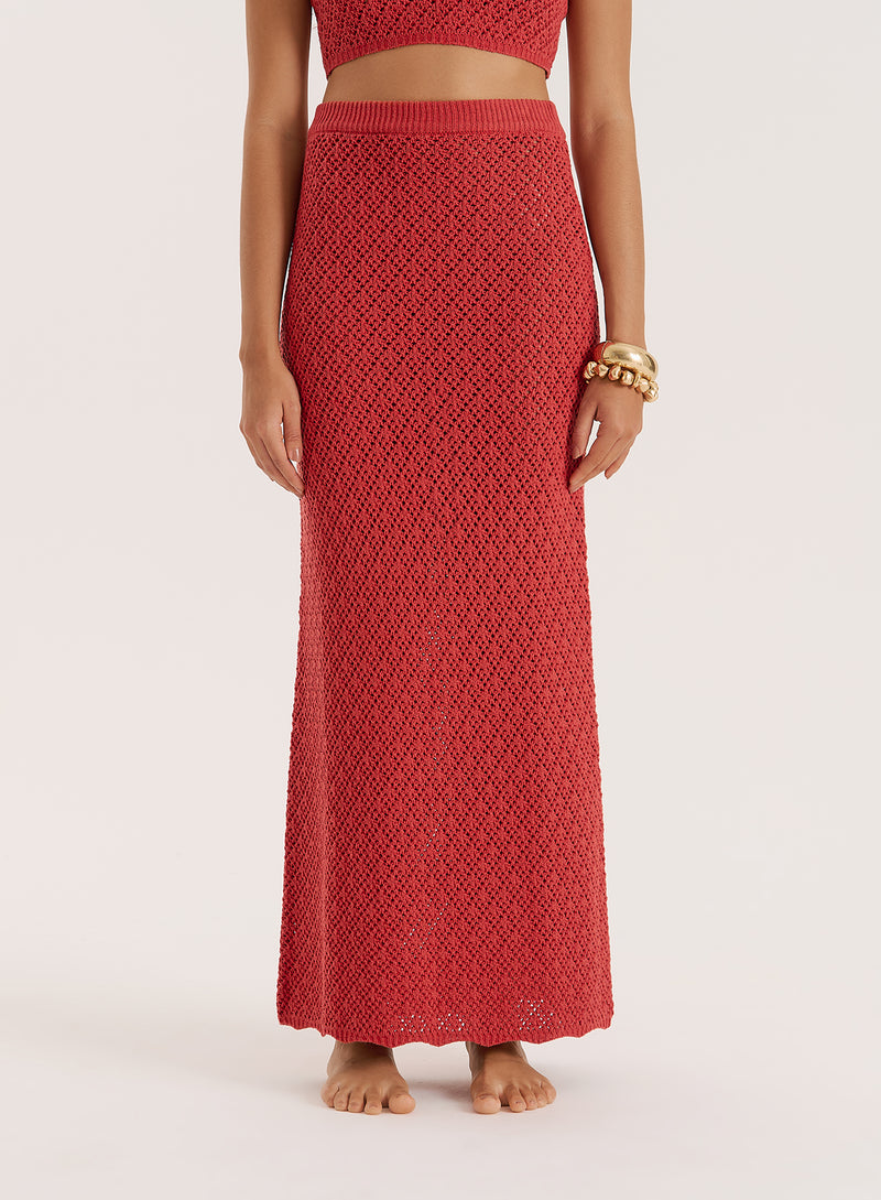 Red Crochet Knit Maxi Skirt- Sierra