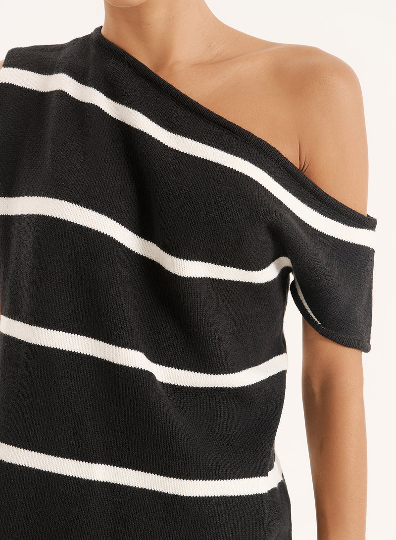 Black And White Stripe Knitted Off The Shoulder Top- Aisa