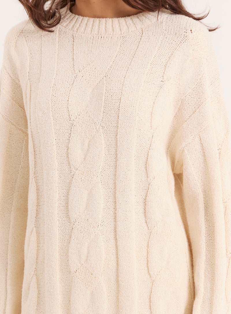 Ecru Fine Cable Knit Long Sleeve Top- Leonor