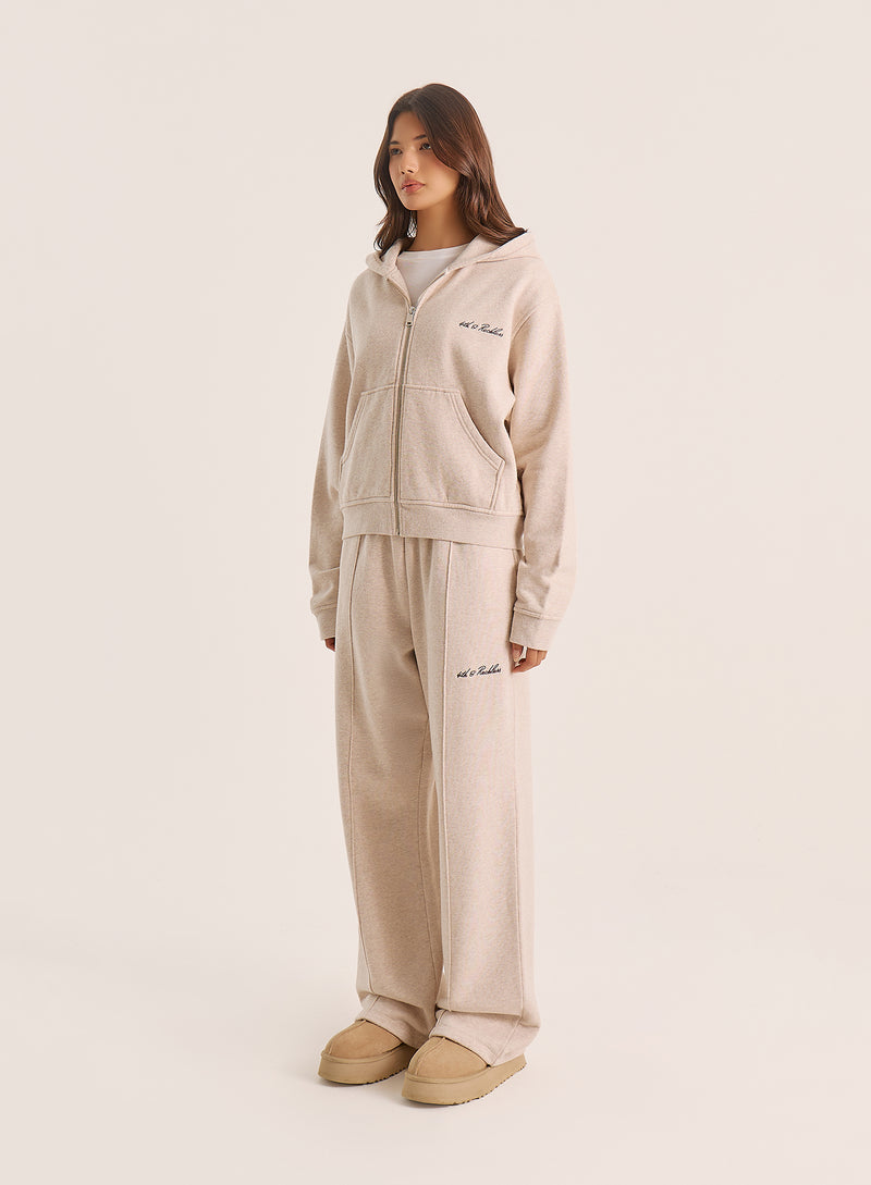 Oatmeal Script Logo Detail Zip Hoodie