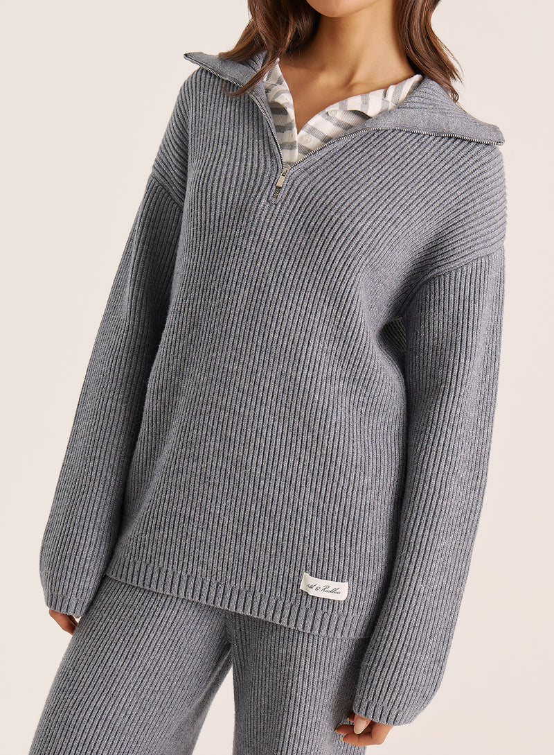 Light Grey Knitted Oversized Collar Zip Jumper