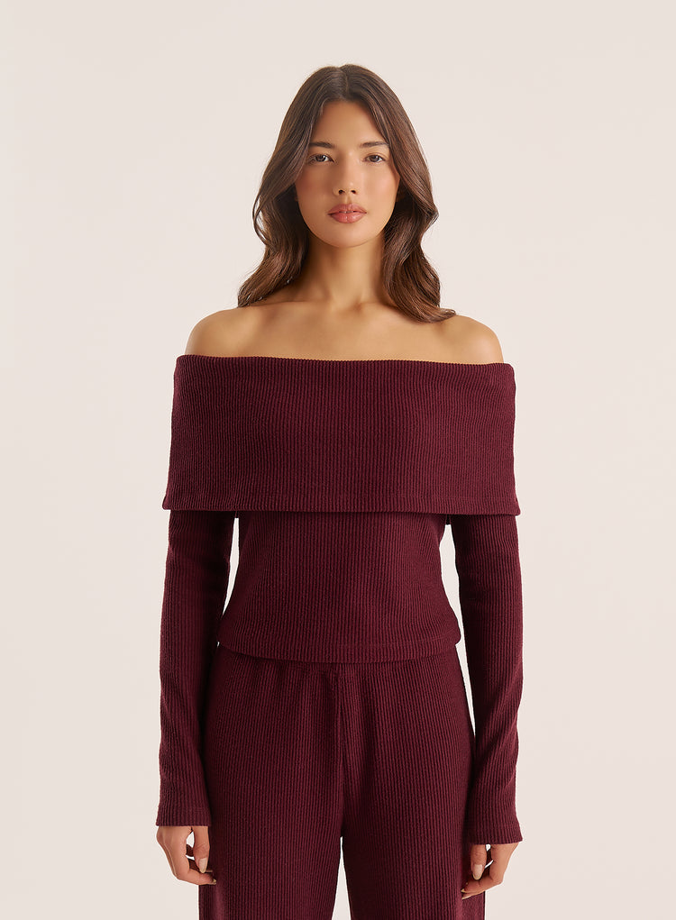 Dark Red Bardot Foldover Top