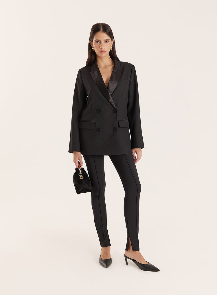 Black Satin Lapel Double Breasted Tuxedo Blazer- Delphine