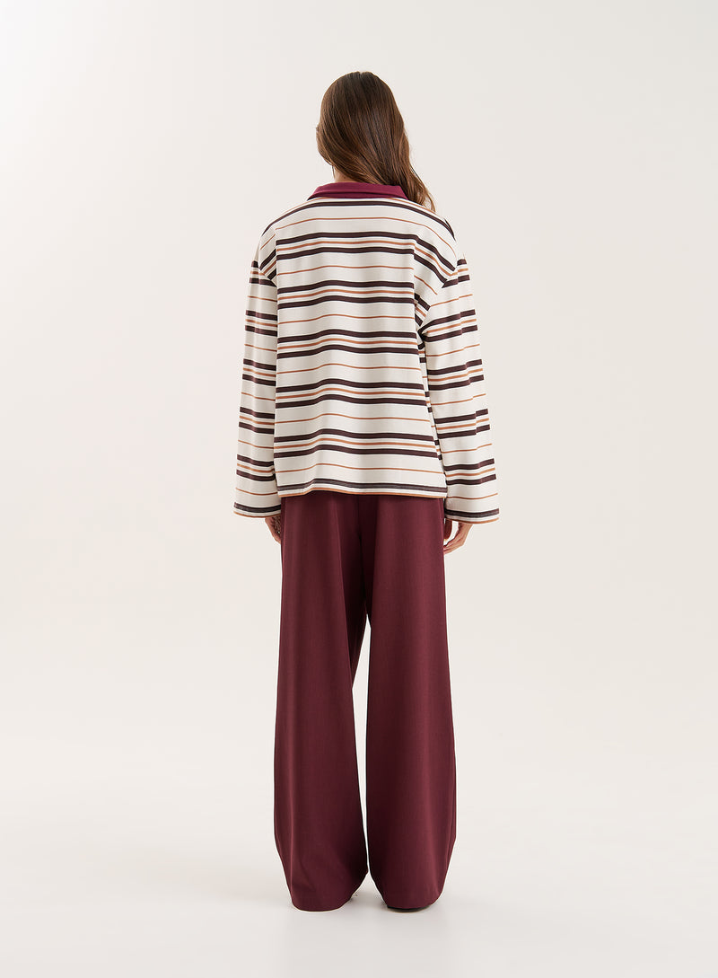 Cream And Chocolate Stripe Contrast Collar Rugby Top- Hailey