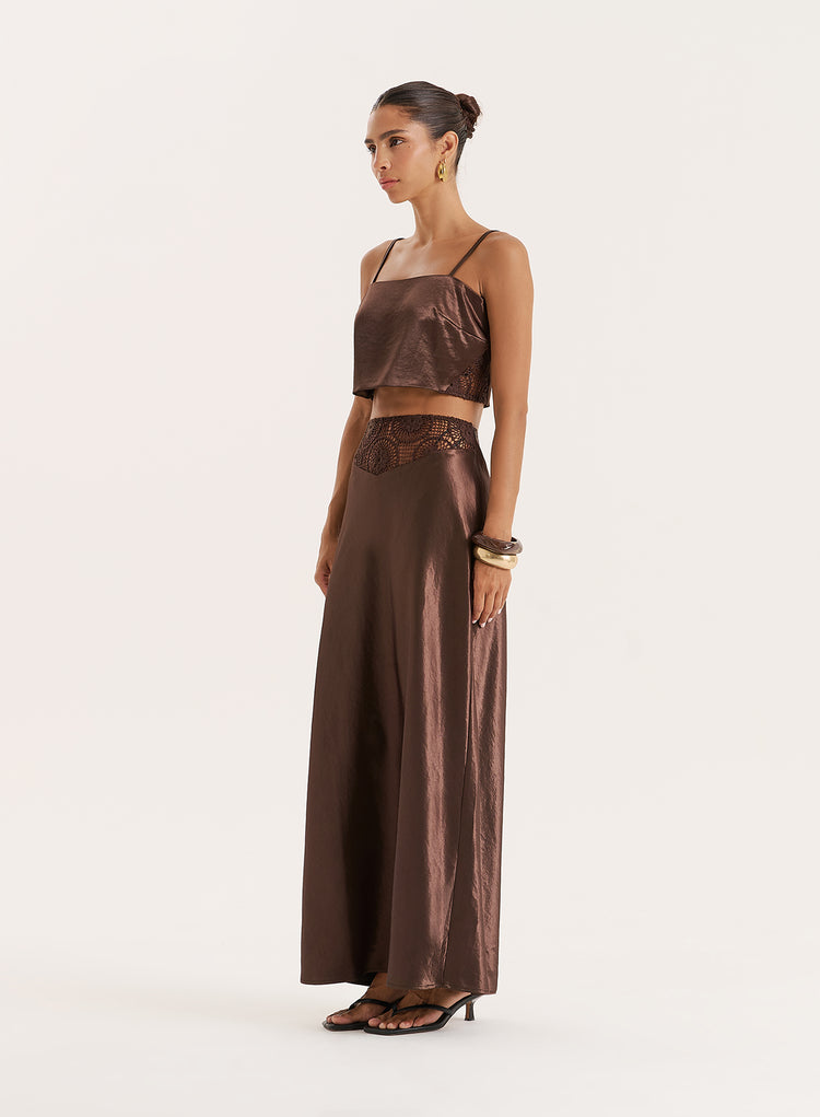Chocolate Satin Crochet Panelled Crop Top- Samira