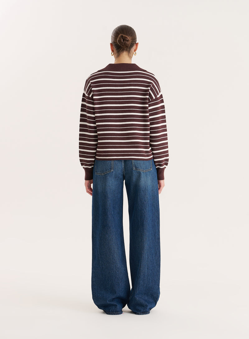 Brown And White Stripe Knitted Rugby Top- Hayden