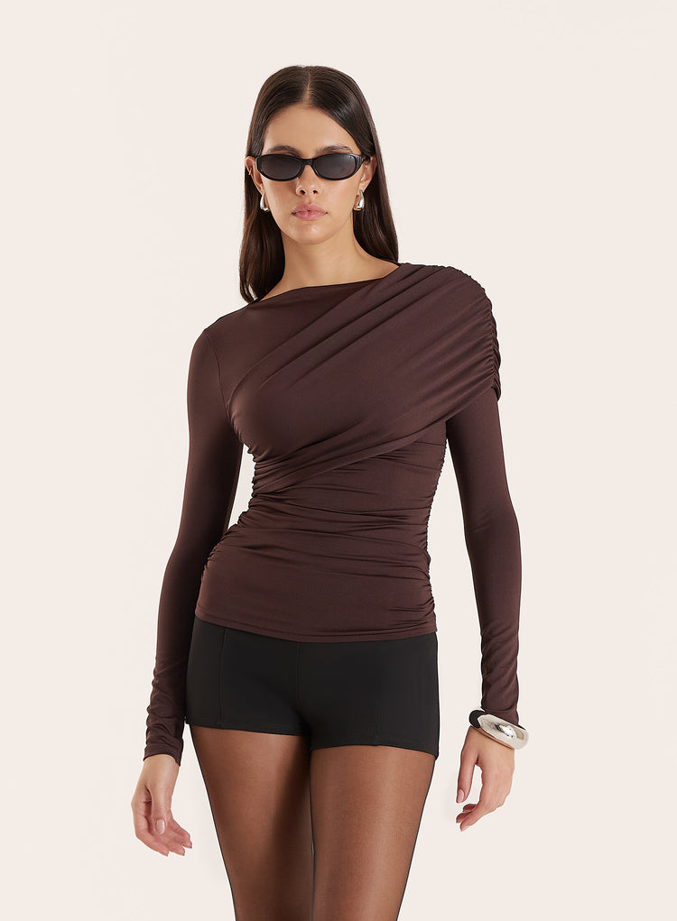 Chocolate Long Sleeved Drape Top- Cassian