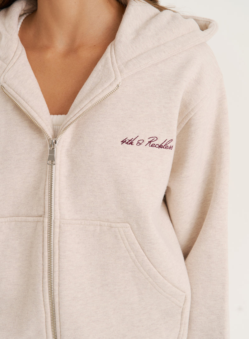 Oatmeal Script Logo Detail Zip Hoodie-Collena