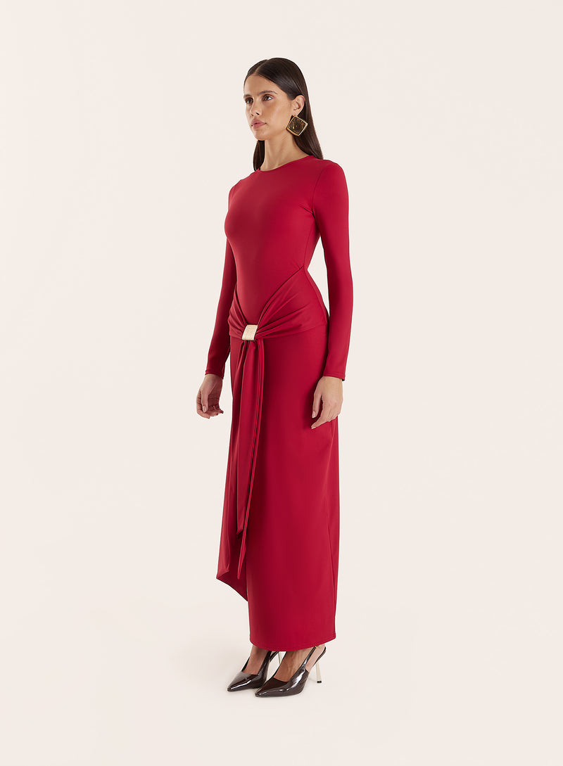 Red Jersey Hardware Waist Detail Maxi Dress- Mel