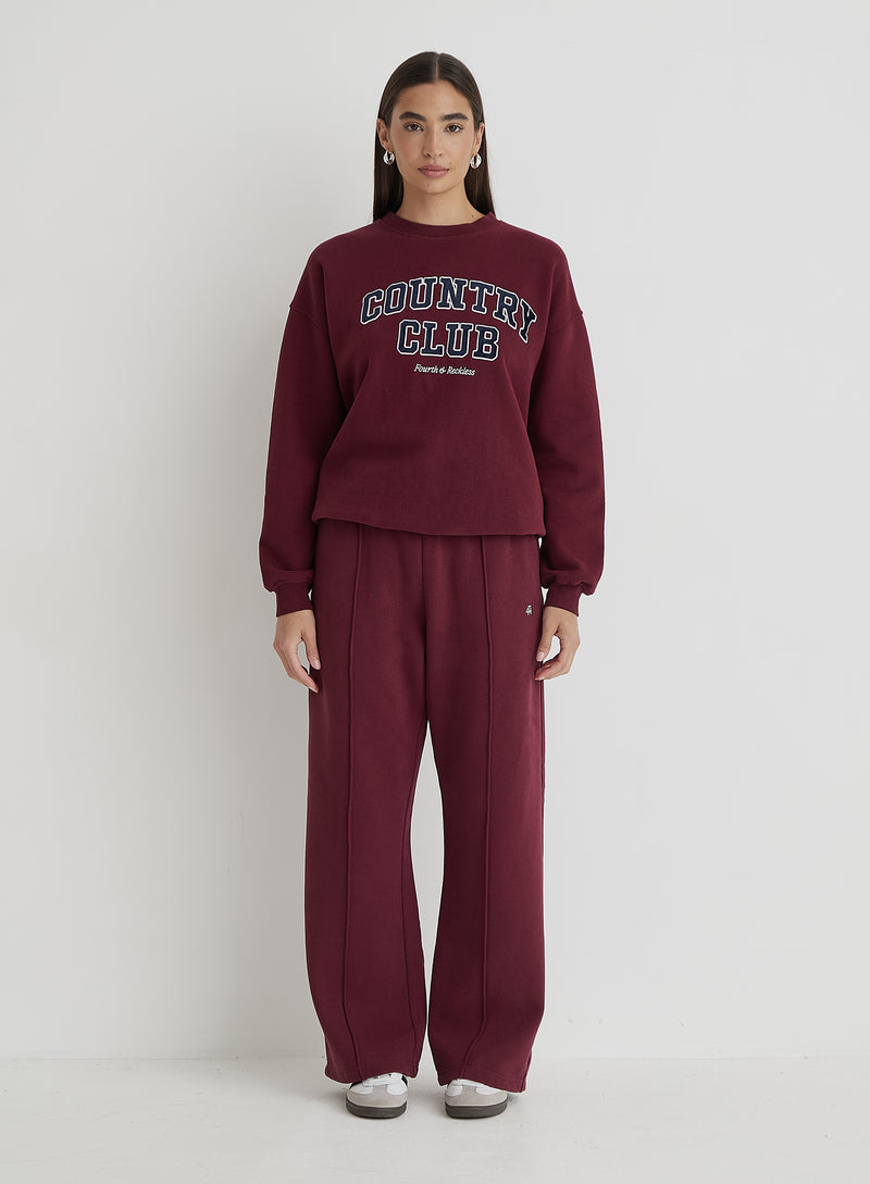 Burgundy Country Club Slogan Classic Longline Sweatshirt- Charli