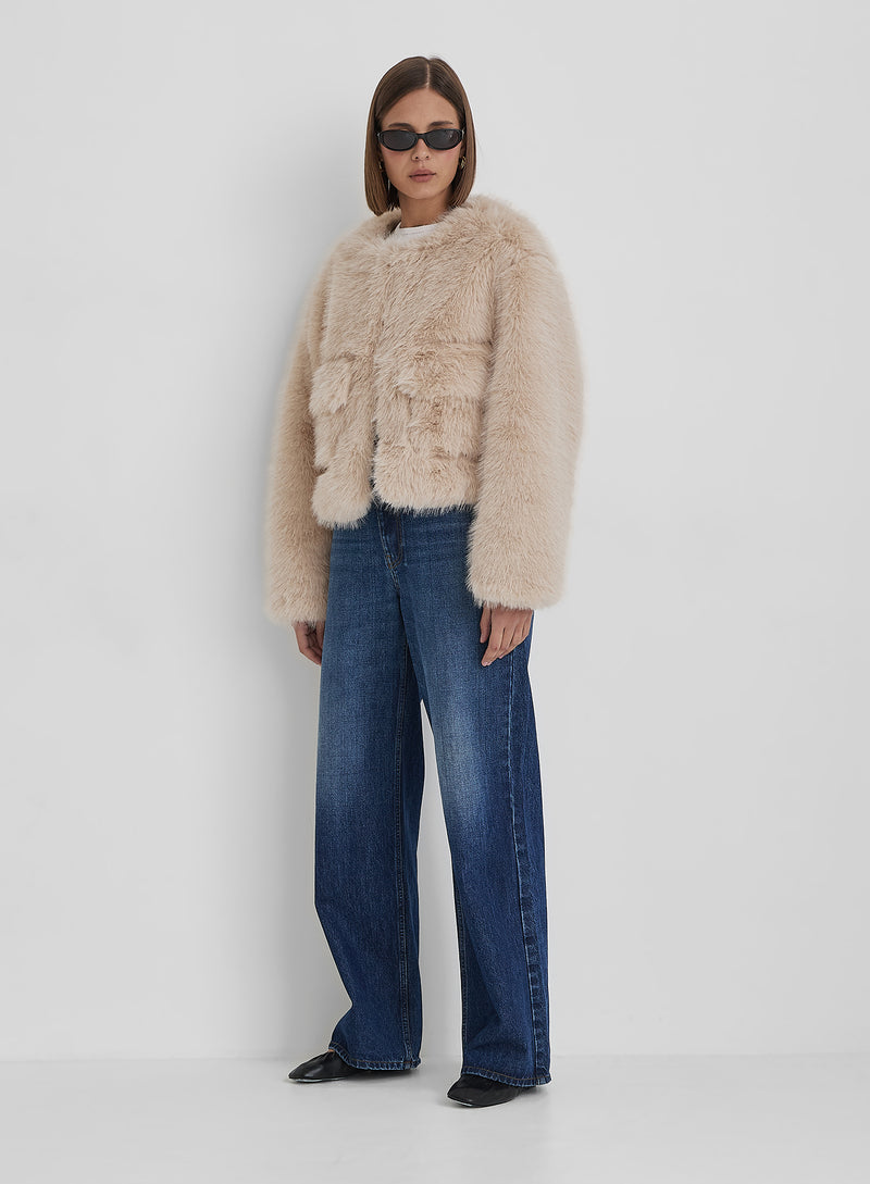 Beige Faux Fur Cropped Jacket- Reysha