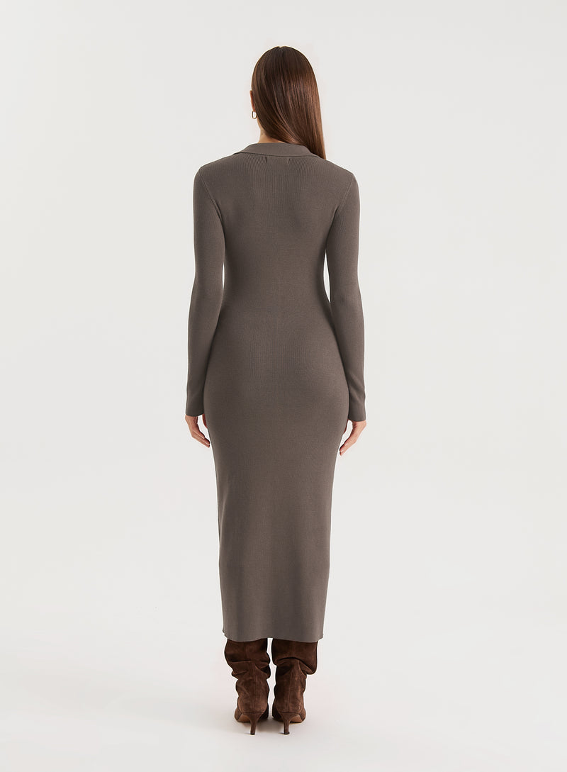Charcoal Collared Button Down Knitted Dress- Taye