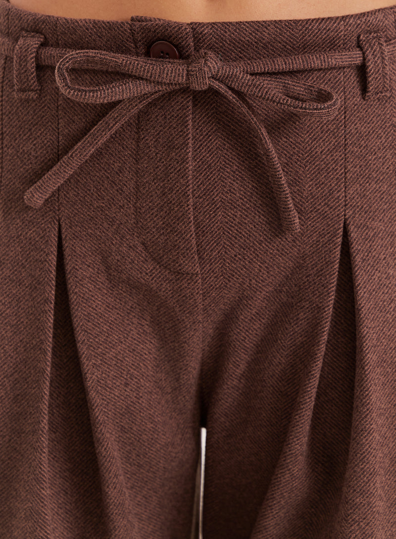 Chocolate Herringbone Tie Belt Wide Leg Trousers - Luca