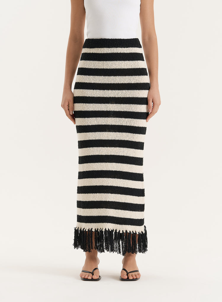 Striped Knitted Tassel Trim Maxi Skirt- Lauryn