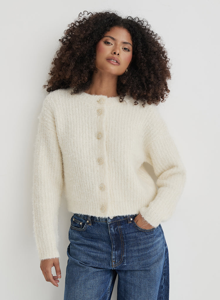 Cream Fluffy Knit Crew Neck Cardigan- Kinsley