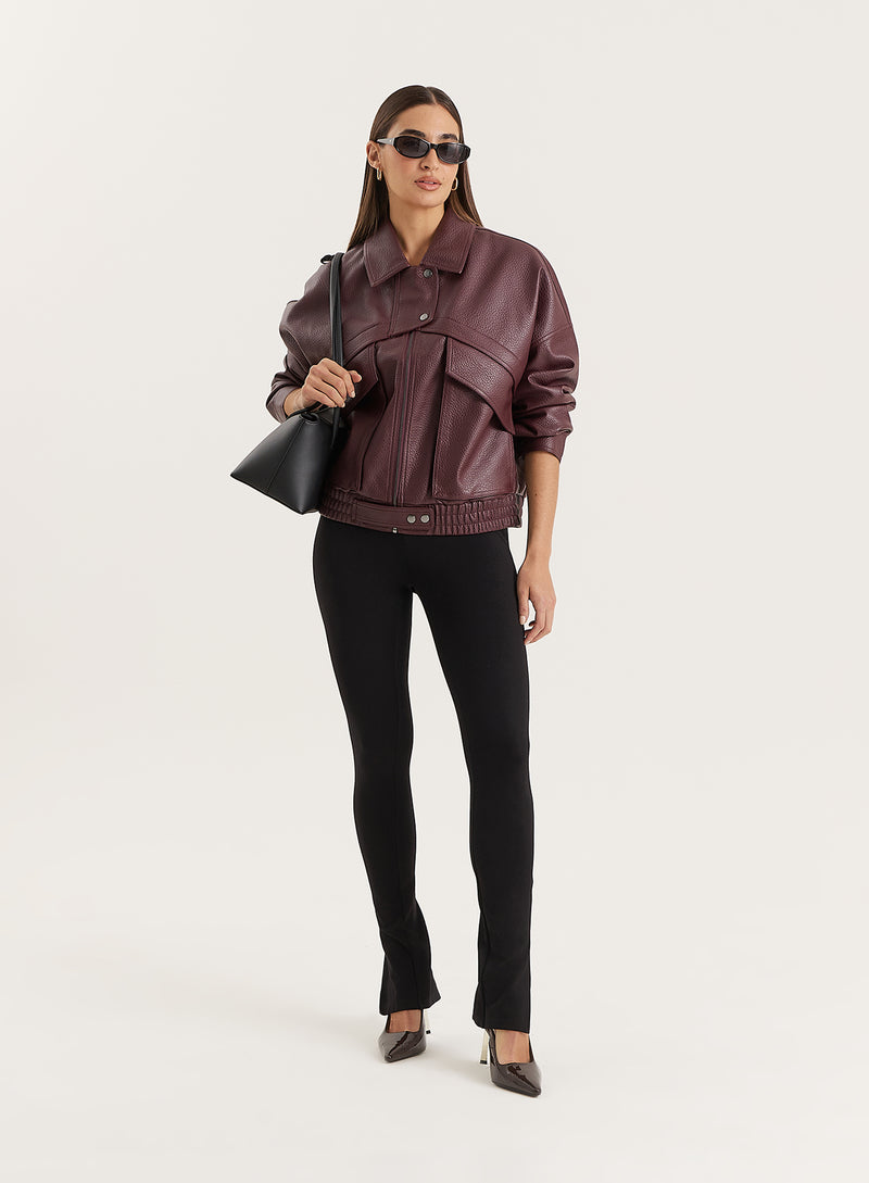 Burgundy Textured Faux Leather Cropped Jacket- Kerry