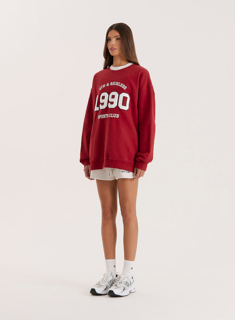 Red Contrast Trim Slogan Classic Longline Sweatshirt- Atlas