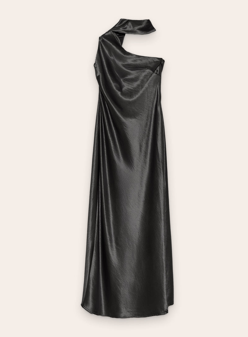 Black Satin One Shoulder Scarf Neck Maxi Dress