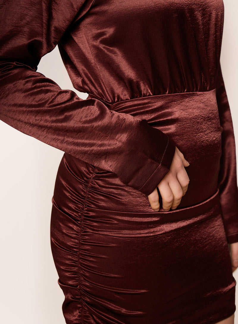 Dark Red Satin High-Neck Mini Dress- Odette
