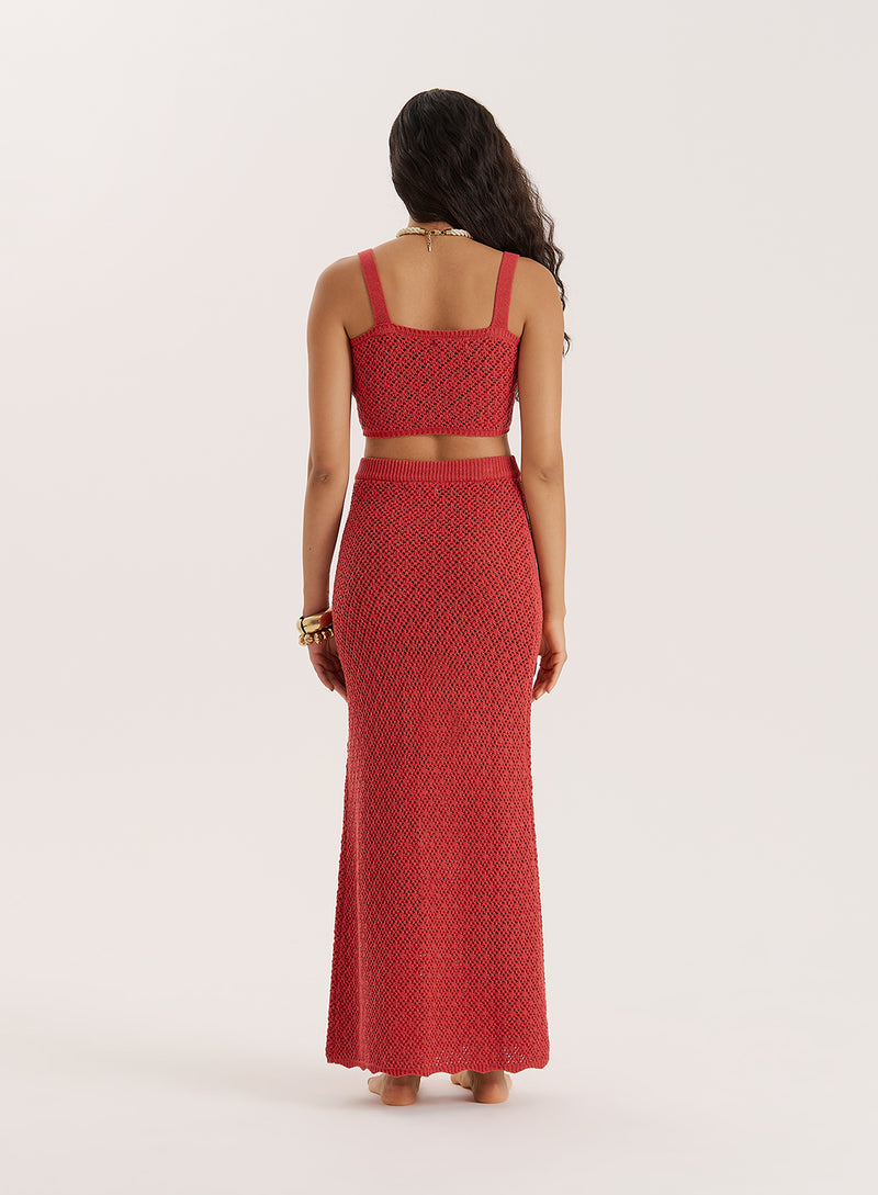 Red Crochet Knit Maxi Skirt- Sierra