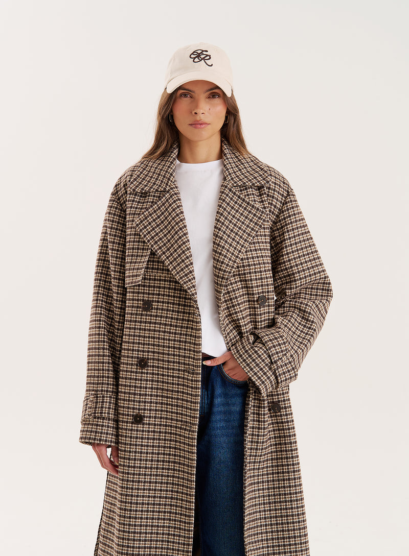 Brown Checked Belted Wool-Blend Trench Coat- Tabi