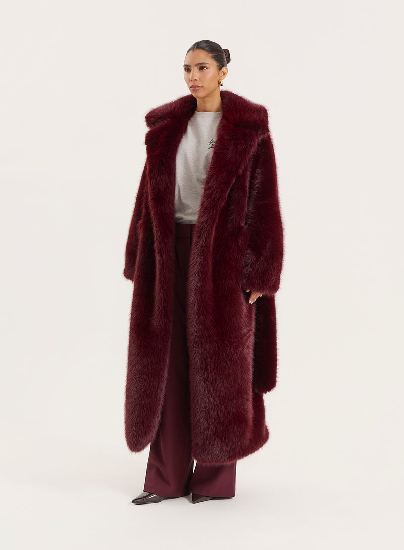 Burgundy Faux Fur Belted Longline Coat