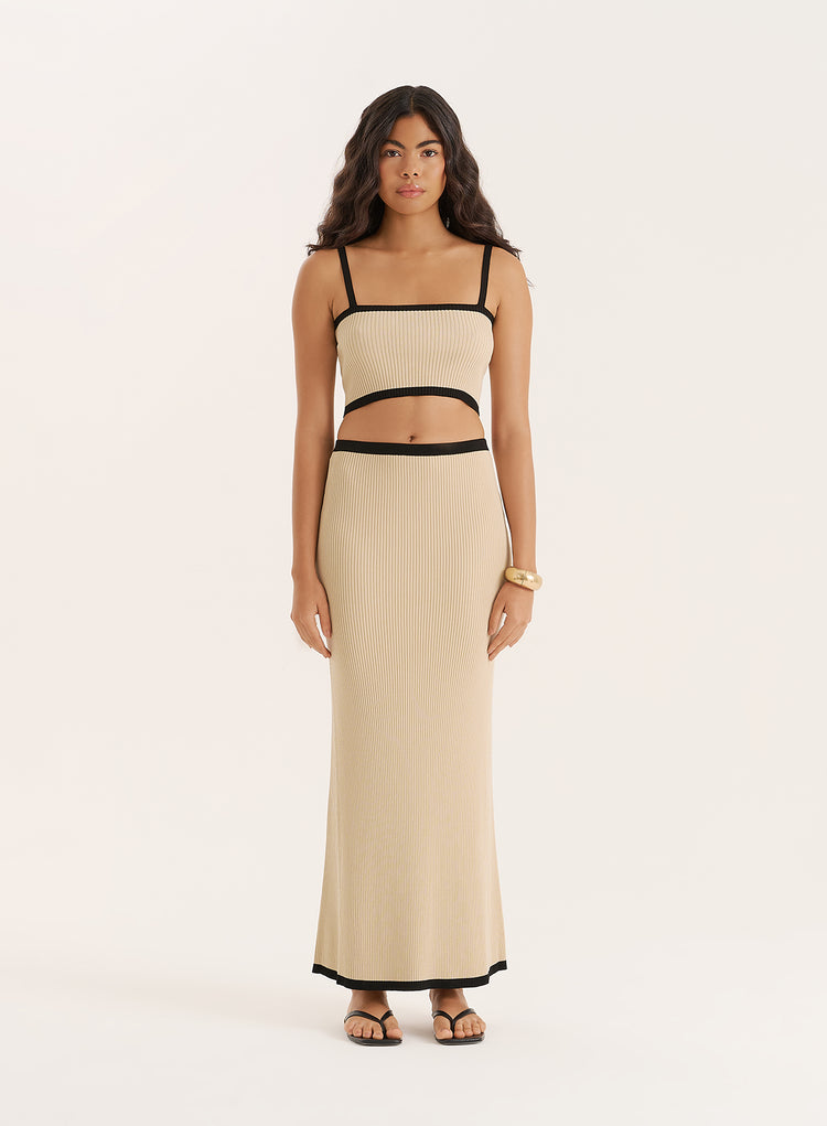 Cream Contrast Waistband Knitted Maxi Skirt- Colette