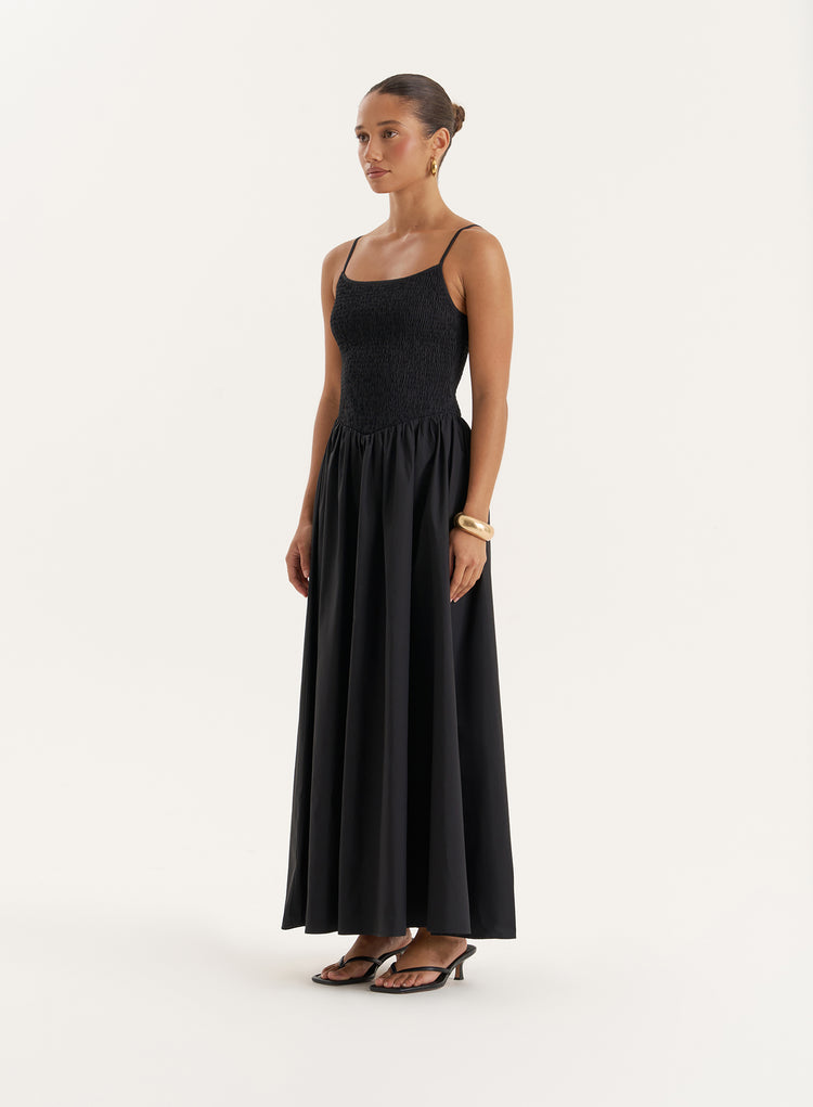 Black Shirred Cotton Maxi Dress- Milano