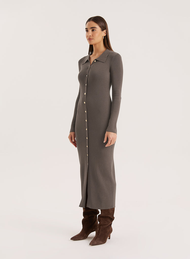 Charcoal Collared Button Down Knitted Dress- Taye